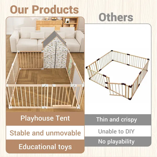 10-Panel Deluxe Wooden Baby Playpen – Foldable Activity Center with Playhouse