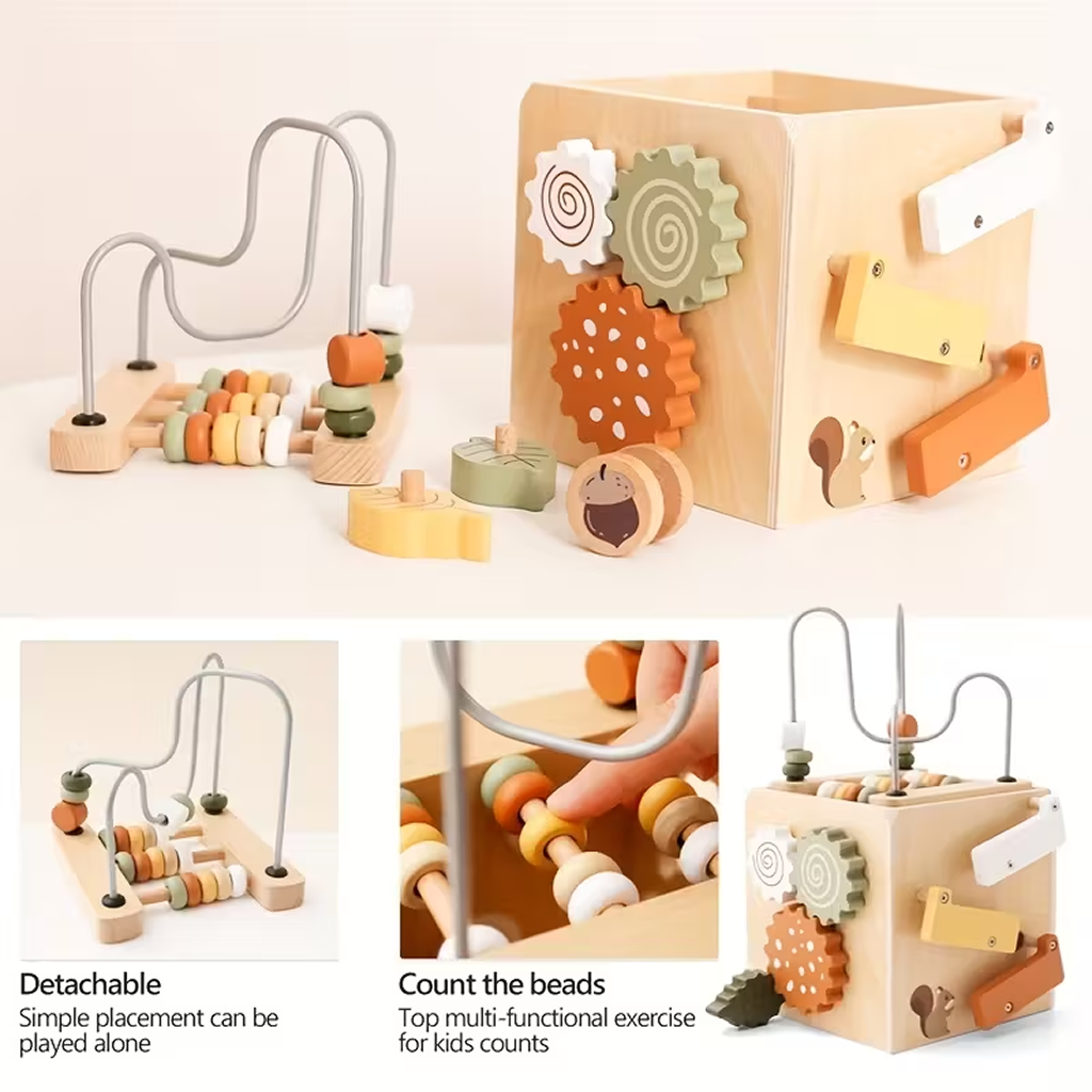 5-in-1 Wooden Activity Cube – Sensory Toy for Toddlers