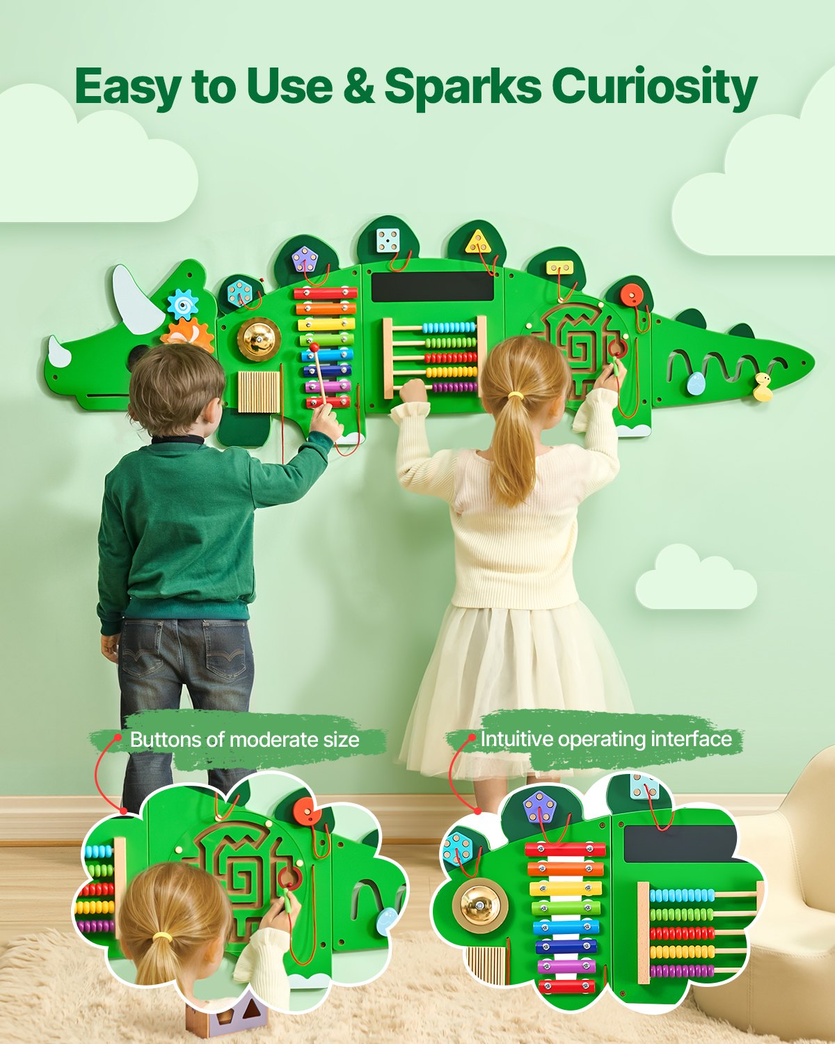 Giant 5-Piece Dinosaur Sensory Wall – 11-in-1 Montessori Activity Center