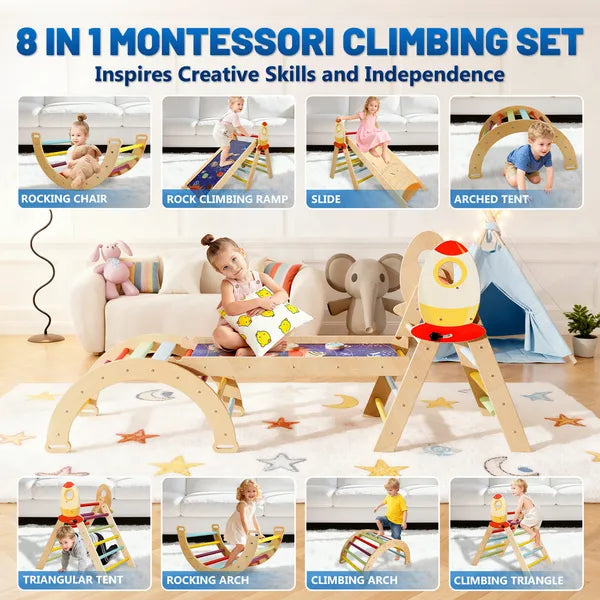 7-in-1 Montessori Wooden Climbing Set – Foldable Triangle, Arch & Reversible Ramp