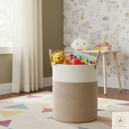 Eco-Friendly Handwoven Cotton Rope Laundry Basket – Stylish Nursery Organizer for Baby Clothes & Toys