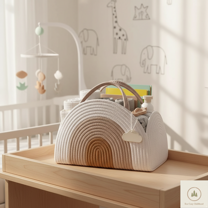 Cotton Rope Diaper Caddy Organizer – Large Earthy Rainbow Storage Basket for Baby Nursery