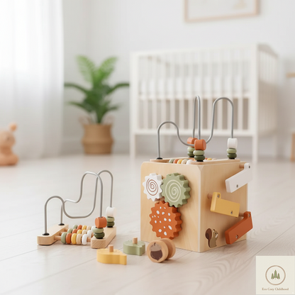 5-in-1 Wooden Activity Cube – Sensory Toy for Toddlers