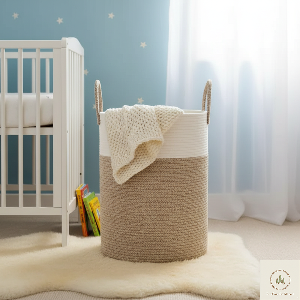 Eco-Friendly Handwoven Cotton Rope Laundry Basket – Stylish Nursery Organizer for Baby Clothes & Toys