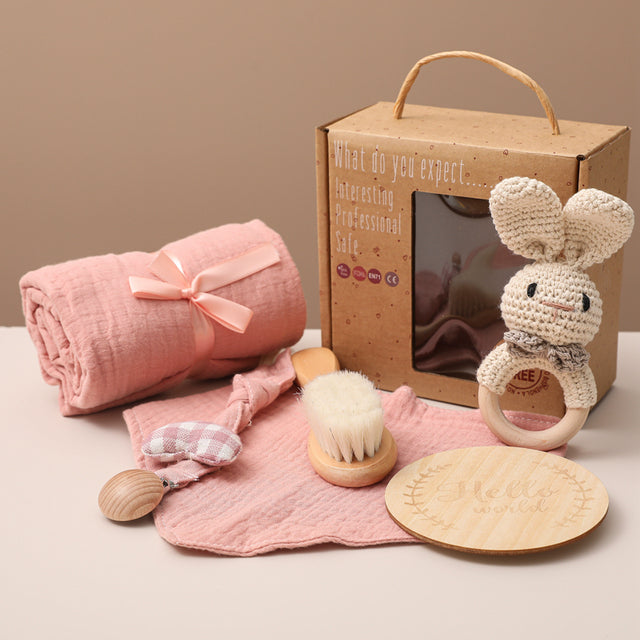 Deluxe Baby Welcome Gift Set – Organic Swaddle & Wooden Bath Essentials