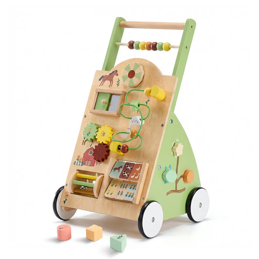 2-in-1 Montessori Wooden Baby Walker & Activity Center