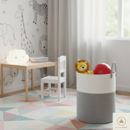 Eco-Friendly Handwoven Cotton Rope Laundry Basket – Stylish Nursery Organizer for Baby Clothes & Toys