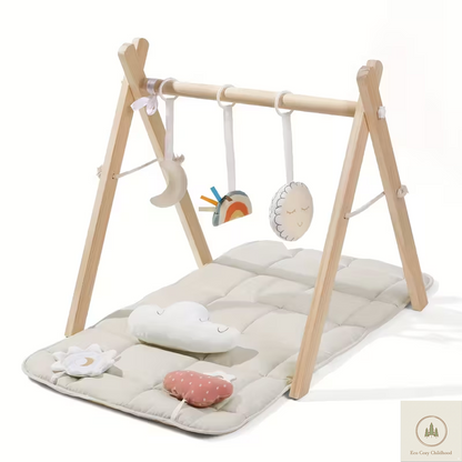 Eco-Friendly Wooden Baby Play Gym with 3 Hanging Toys – Foldable Developmental Activity Center for Newborns