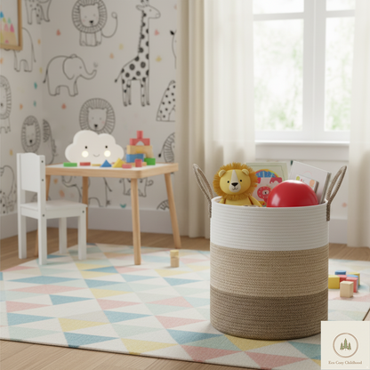 Eco-Friendly Handwoven Cotton Rope Laundry Basket – Stylish Nursery Organizer for Baby Clothes & Toys