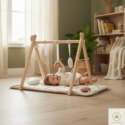 Eco-Friendly Wooden Baby Play Gym with 3 Hanging Toys – Foldable Developmental Activity Center for Newborns