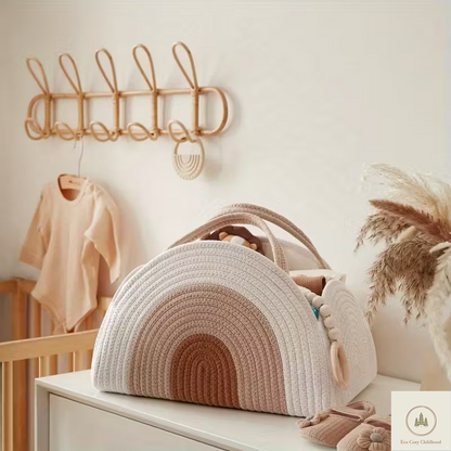 Cotton Rope Diaper Caddy Organizer – Large Earthy Rainbow Storage Basket for Baby Nursery