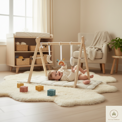 Eco-Friendly Wooden Baby Play Gym with 3 Hanging Toys – Foldable Developmental Activity Center for Newborns