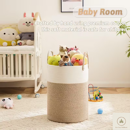 Eco-Friendly Handwoven Cotton Rope Laundry Basket – Stylish Nursery Organizer for Baby Clothes & Toys