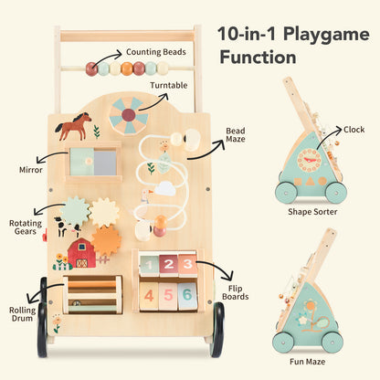 2-in-1 Montessori Wooden Baby Walker & Activity Center
