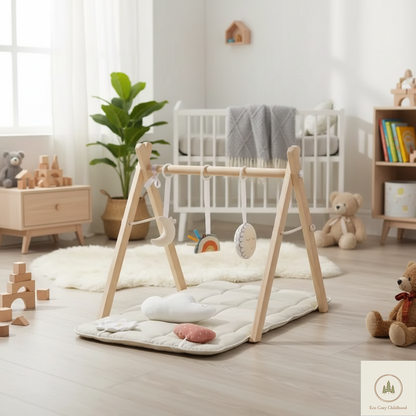 Eco-Friendly Wooden Baby Play Gym with 3 Hanging Toys – Foldable Developmental Activity Center for Newborns