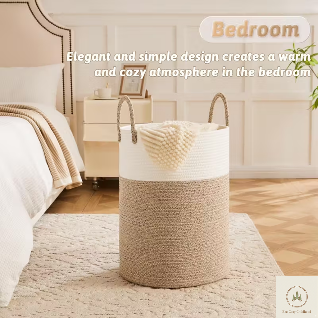 Eco-Friendly Handwoven Cotton Rope Laundry Basket – Stylish Nursery Organizer for Baby Clothes & Toys