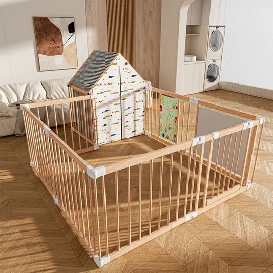 10-Panel Deluxe Wooden Baby Playpen – Foldable Activity Center with Playhouse