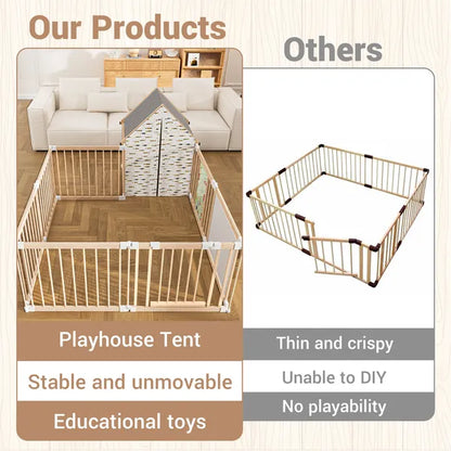 10-Panel Deluxe Wooden Baby Playpen – Foldable Activity Center with Playhouse