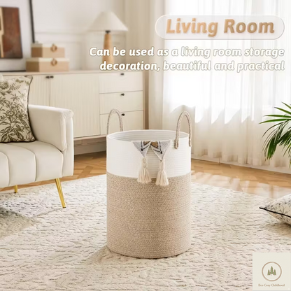 Eco-Friendly Handwoven Cotton Rope Laundry Basket – Stylish Nursery Organizer for Baby Clothes & Toys