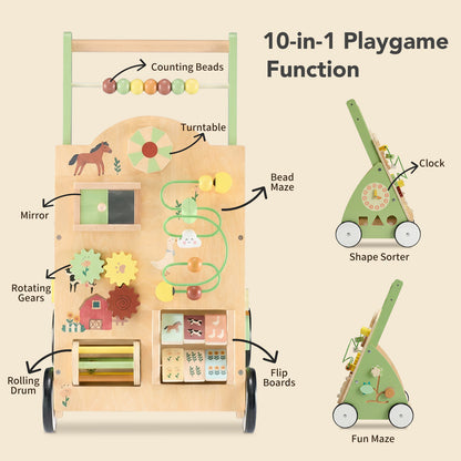 2-in-1 Montessori Wooden Baby Walker & Activity Center
