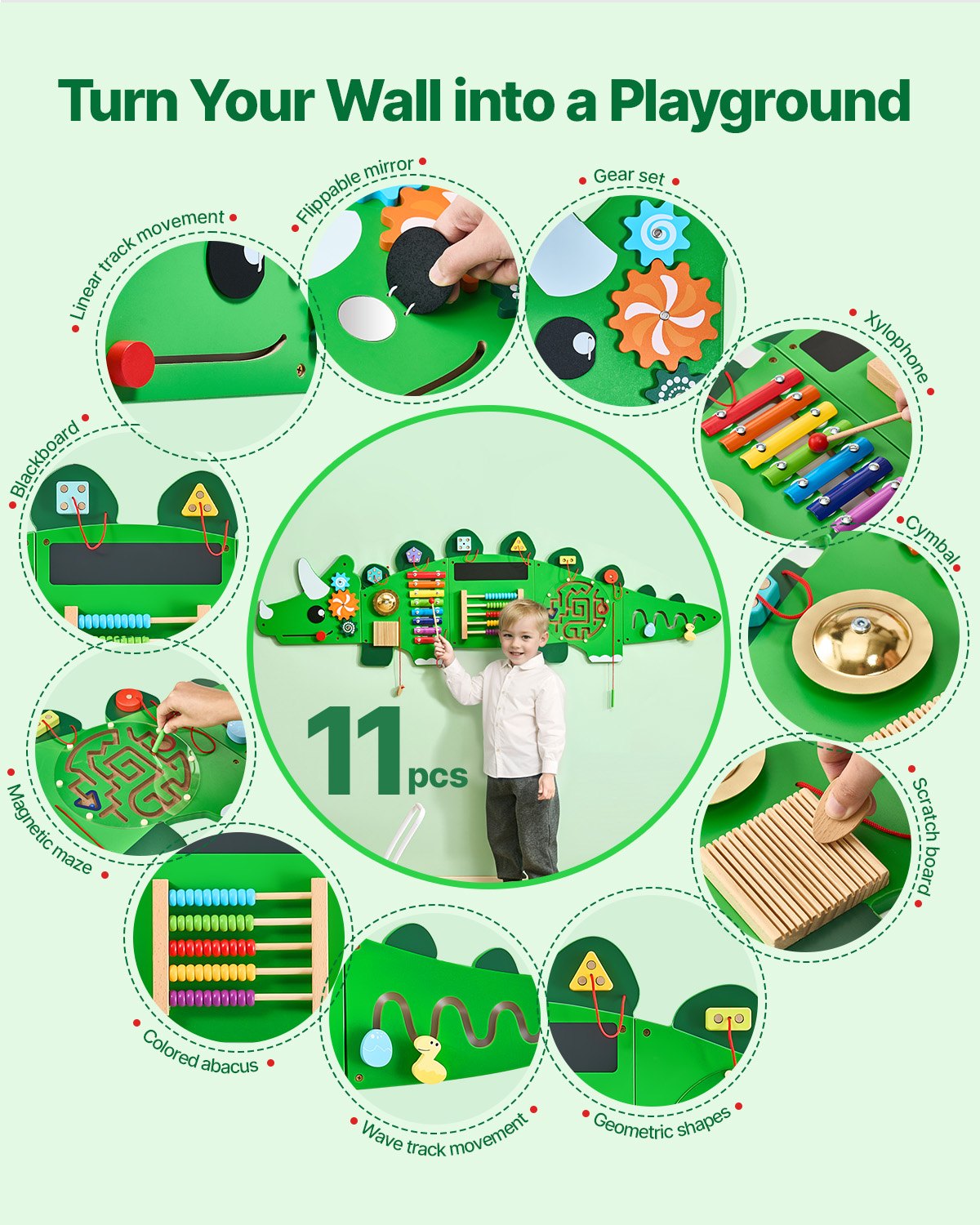 Giant 5-Piece Dinosaur Sensory Wall – 11-in-1 Montessori Activity Center