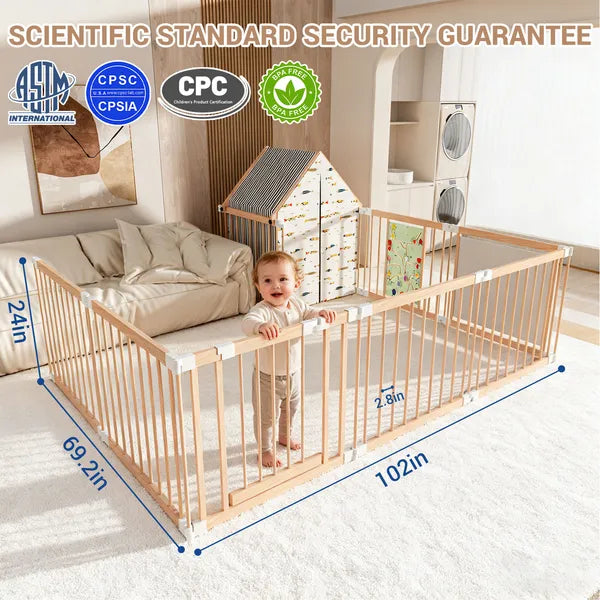 10-Panel Deluxe Wooden Baby Playpen – Foldable Activity Center with Playhouse