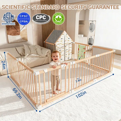 10-Panel Deluxe Wooden Baby Playpen – Foldable Activity Center with Playhouse