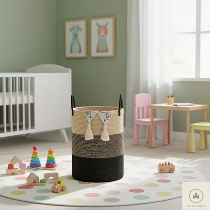 Eco-Friendly Handwoven Cotton Rope Laundry Basket – Stylish Nursery Organizer for Baby Clothes & Toys