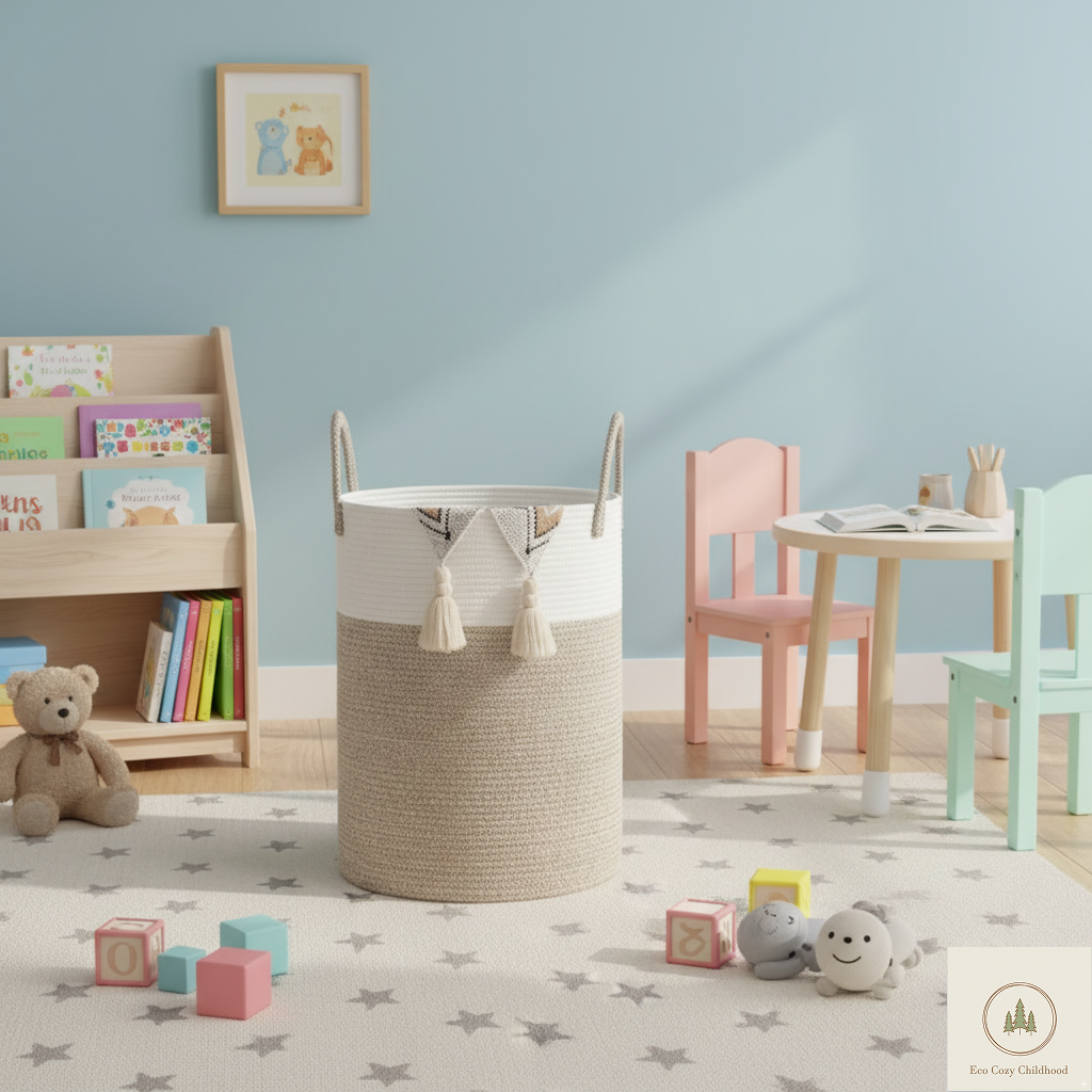 Eco-Friendly Handwoven Cotton Rope Laundry Basket – Stylish Nursery Organizer for Baby Clothes & Toys