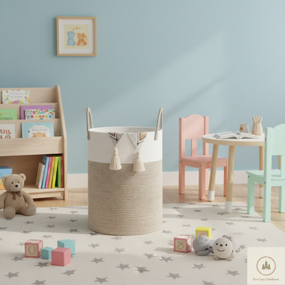 Eco-Friendly Handwoven Cotton Rope Laundry Basket – Stylish Nursery Organizer for Baby Clothes & Toys