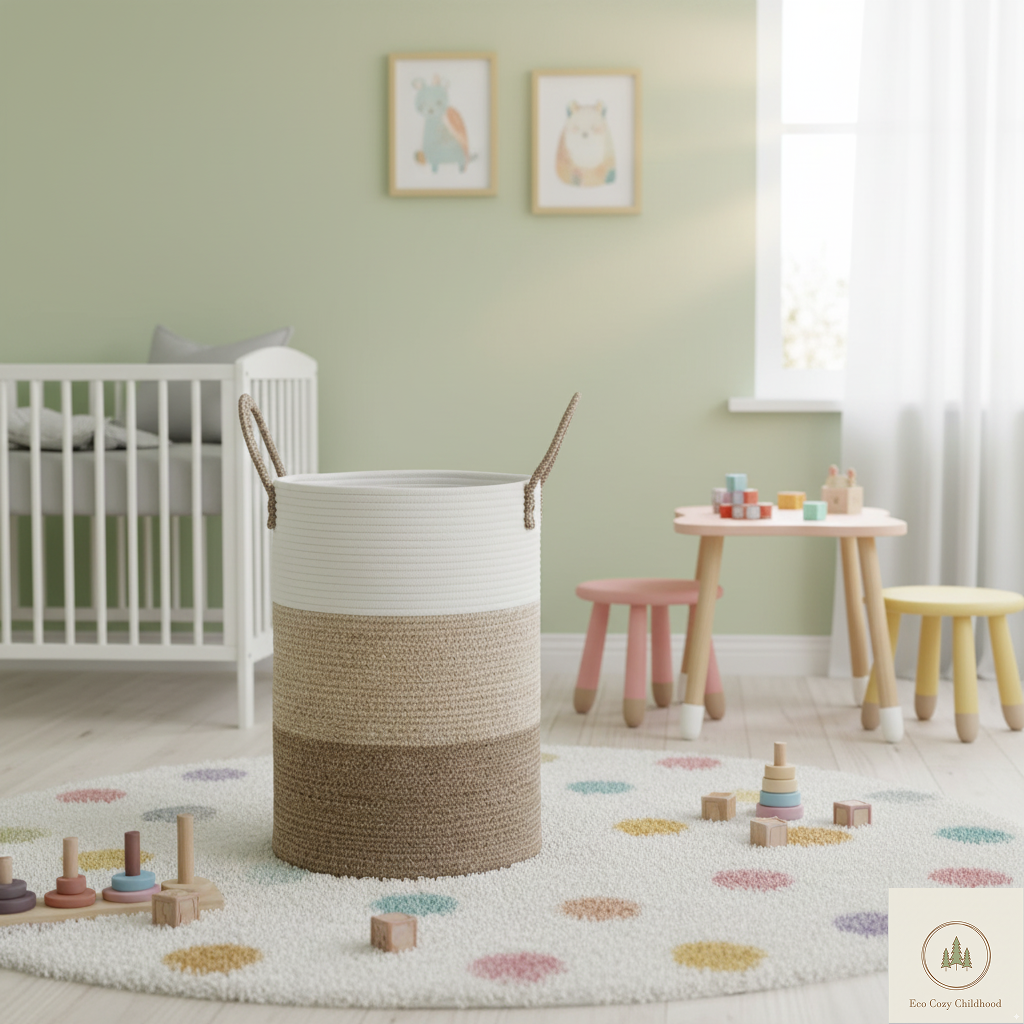 Eco-Friendly Handwoven Cotton Rope Laundry Basket – Stylish Nursery Organizer for Baby Clothes & Toys