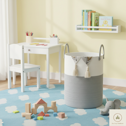 Eco-Friendly Handwoven Cotton Rope Laundry Basket – Stylish Nursery Organizer for Baby Clothes & Toys