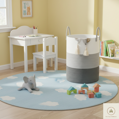 Eco-Friendly Handwoven Cotton Rope Laundry Basket – Stylish Nursery Organizer for Baby Clothes & Toys