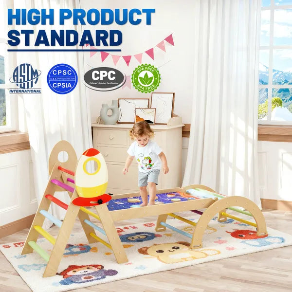 7-in-1 Montessori Wooden Climbing Set – Foldable Triangle, Arch & Reversible Ramp