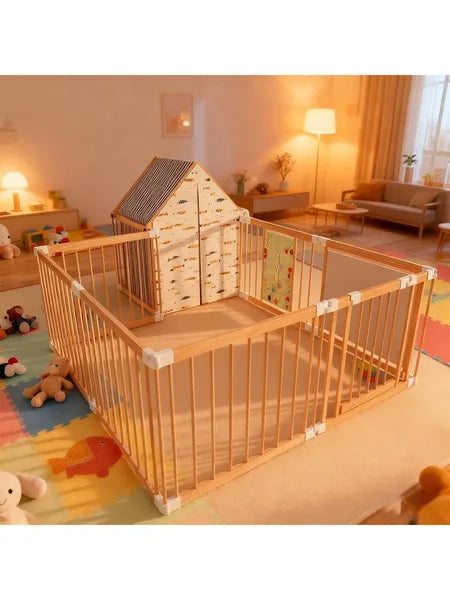 10-Panel Deluxe Wooden Baby Playpen – Foldable Activity Center with Playhouse