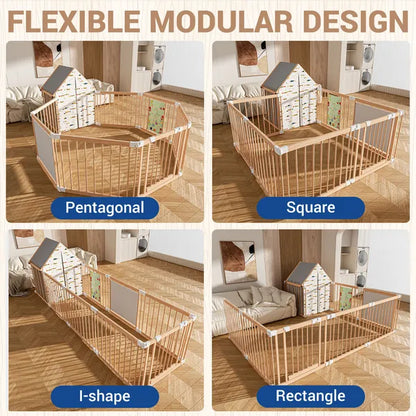 10-Panel Deluxe Wooden Baby Playpen – Foldable Activity Center with Playhouse