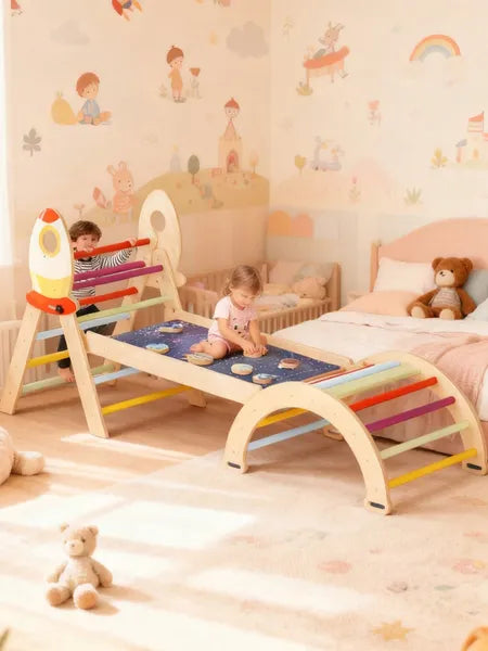 7-in-1 Montessori Wooden Climbing Set – Foldable Triangle, Arch & Reversible Ramp