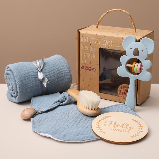 Deluxe Baby Welcome Gift Set – Organic Swaddle & Wooden Bath Essentials